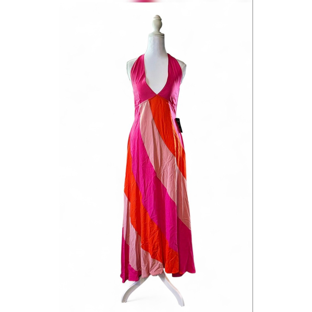 💕🧡NWT AEMI + CO Pink Orange Coral Halter Maxi Dress Colorblock Size S